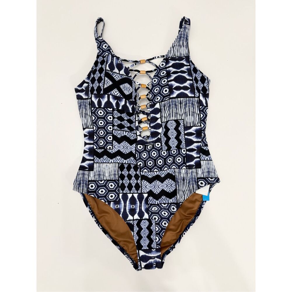 Bleu Rod Beattie Navy Multi‎ Print Bamboo Island Time One Piece Swimsuit 14 NWT